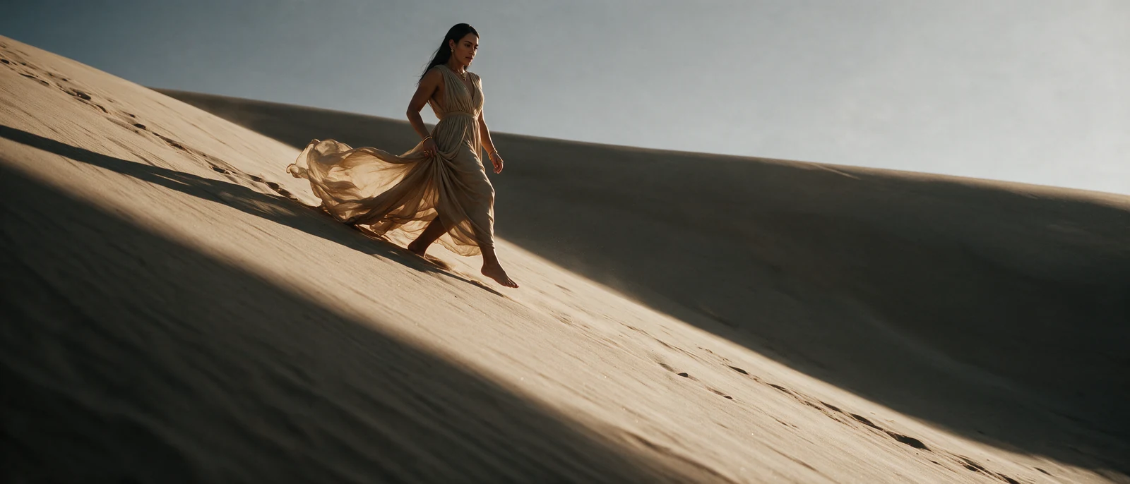 She strides down a steep dune, gathering her dress in one hand, wind in the fabric.