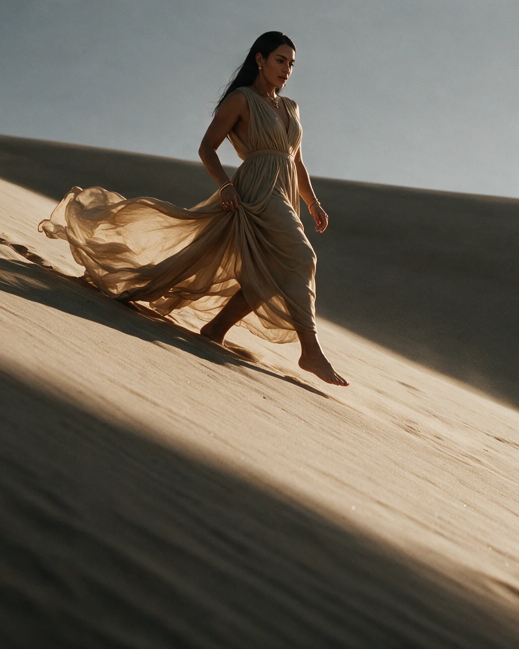 She strides down a dune, dress in hand.