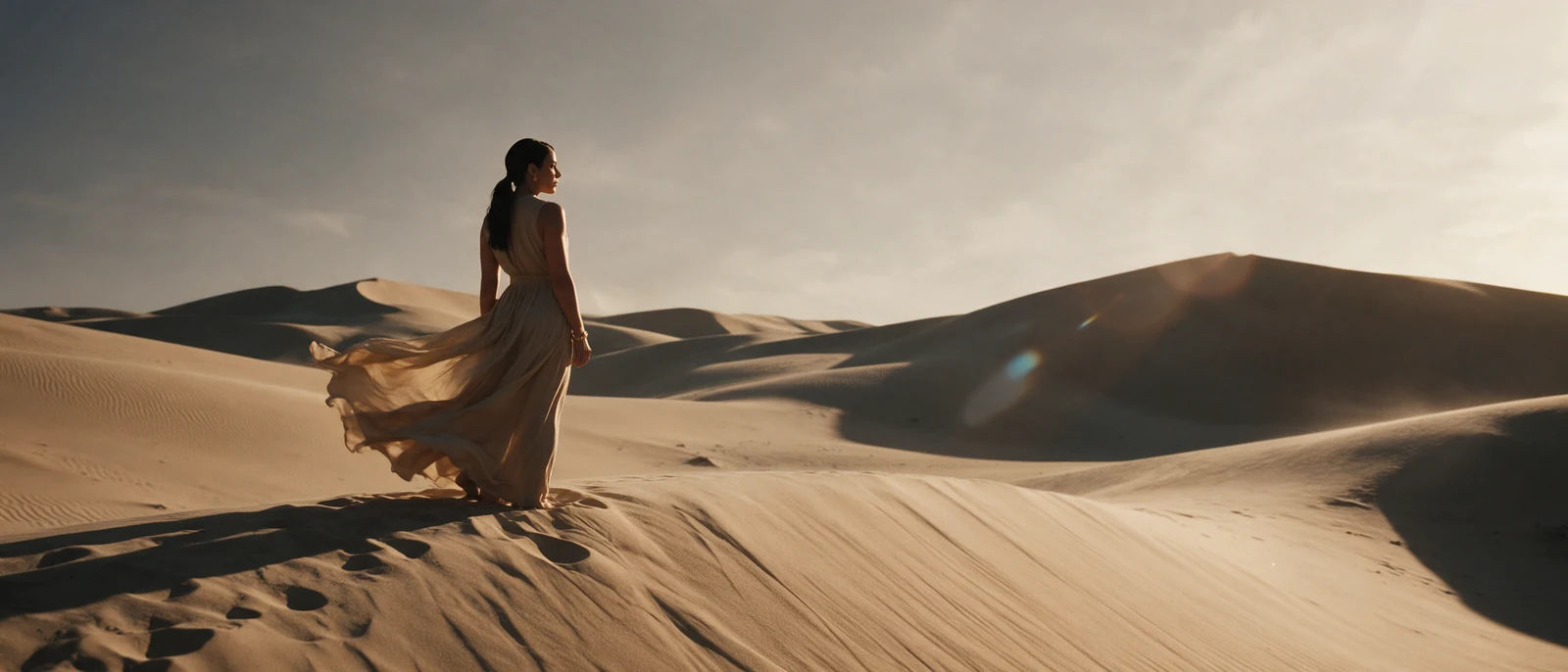 A wide view of rolling dunes. She stands small on a ridge in a pale dress, looking away.