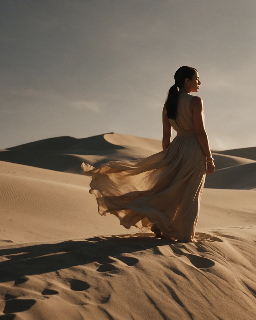 She stands on the ridge of the dune field and holds the frame.
