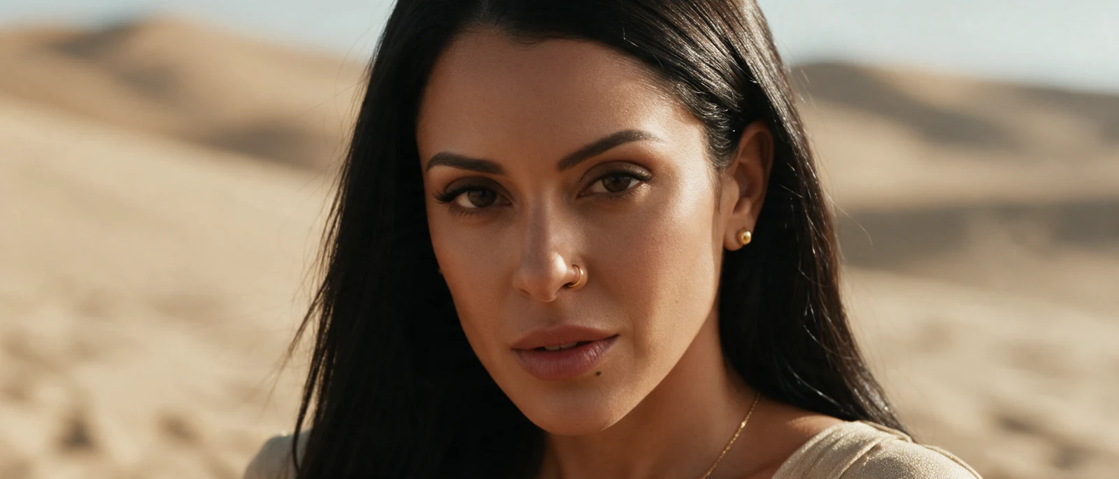 Her face, close, in warm light, looking straight ahead.