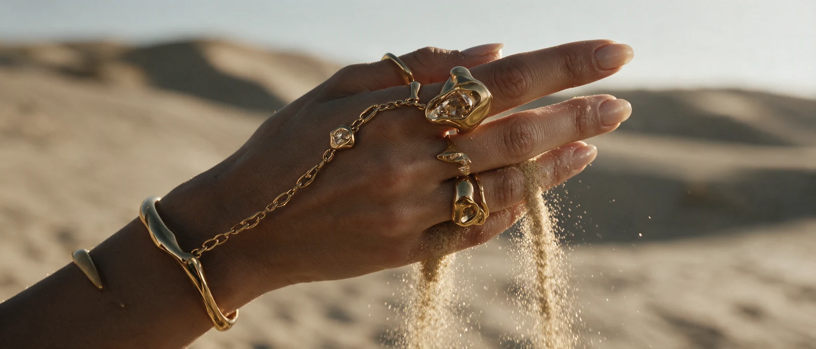 Her hand, wearing gold rings and a hand chain, lets sand pour through her fingers.