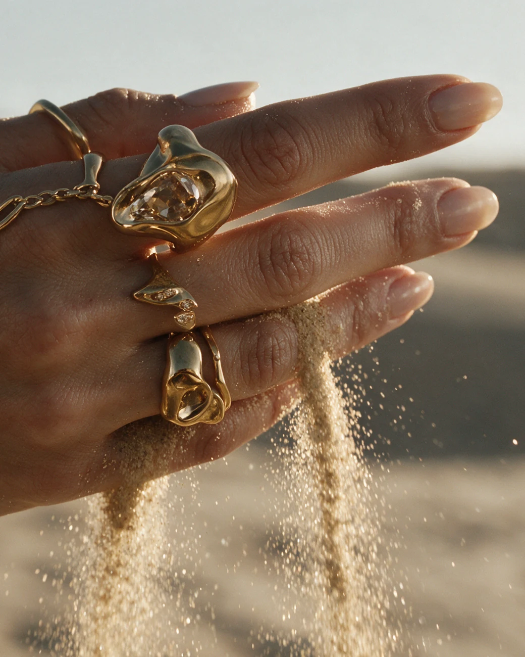 Her hand, wearing gold rings and a hand chain, lets sand pour through her fingers.