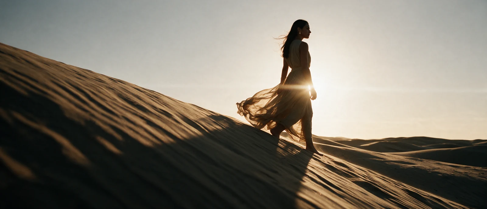 Her silhouette walks down a dune against the low sun. Light flares through her dress.