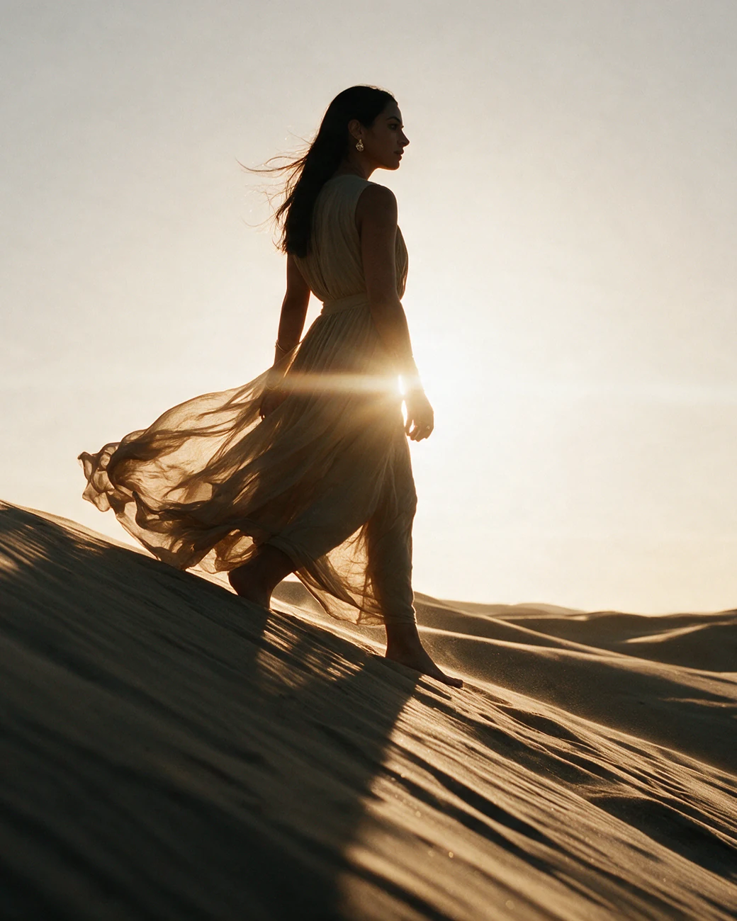 Her silhouette walks down a dune against the low sun. Light flares through her dress.
