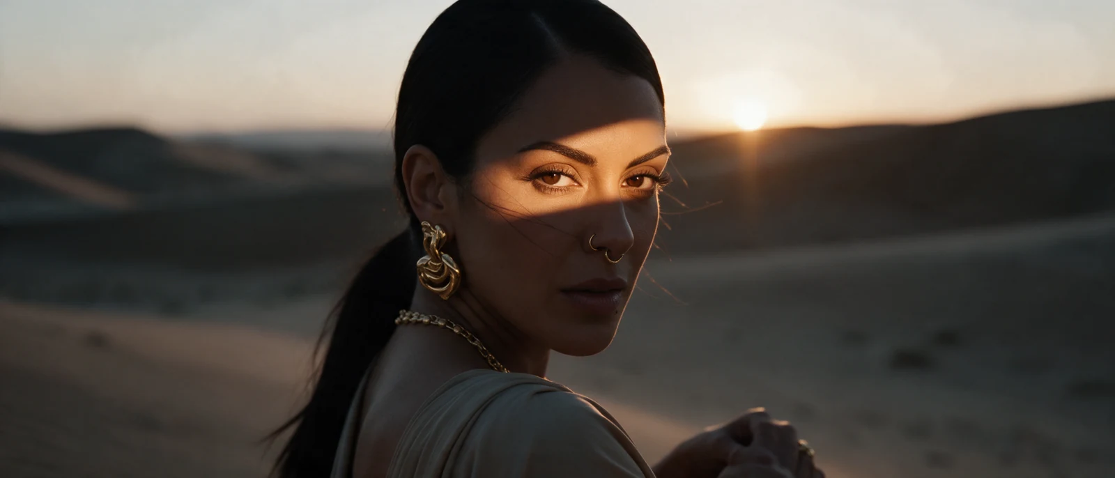 Her face at sunset, close. A band of light crosses her eyes, a gold earring beside it.