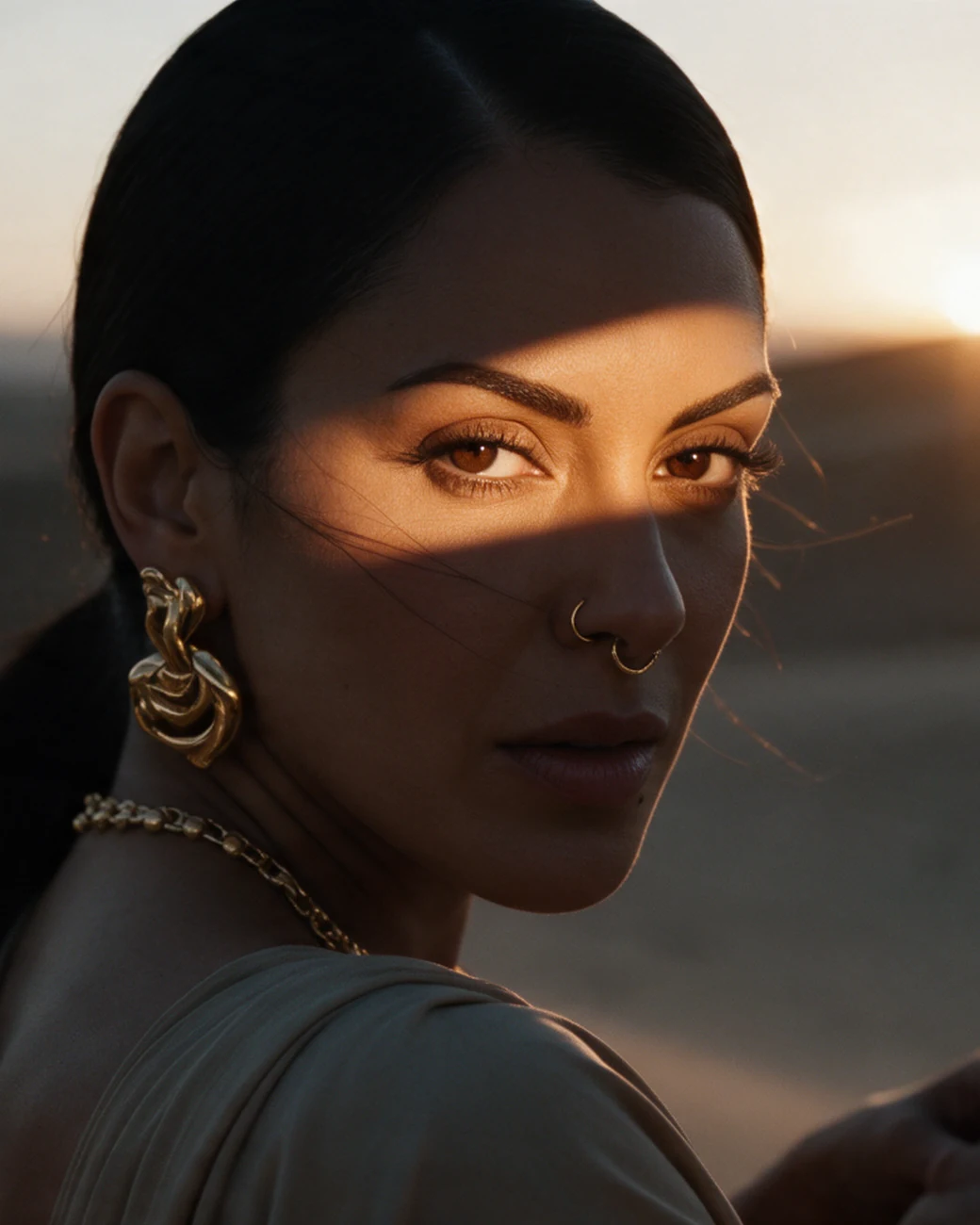 Her face at sunset, close. A band of light crosses her eyes, a gold earring beside it.