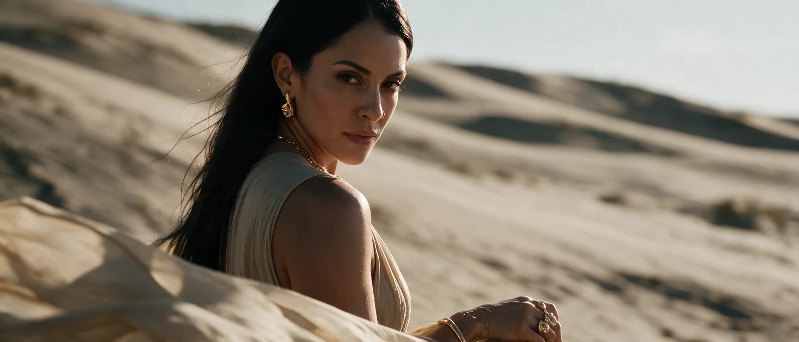 She looks back over a bare shoulder. A gold earring, a necklace and bracelets catch the sun.