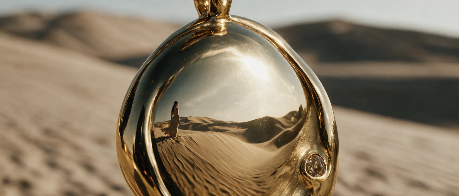 A polished gold pendant. In its curve, the dunes and her small figure on a ridge.