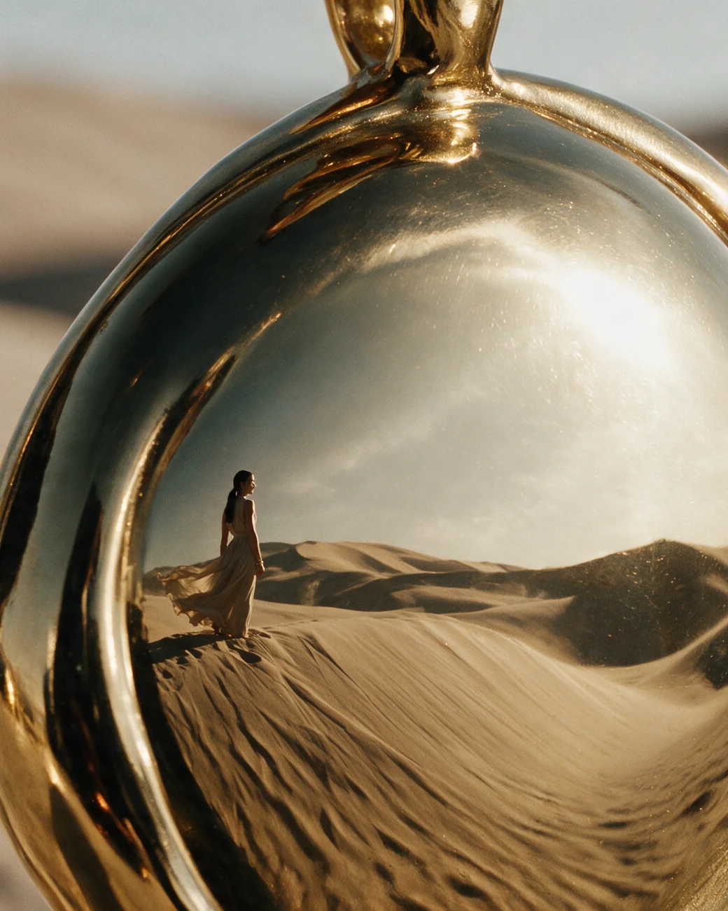 A polished gold pendant. In its curve, the dunes and her small figure on a ridge.