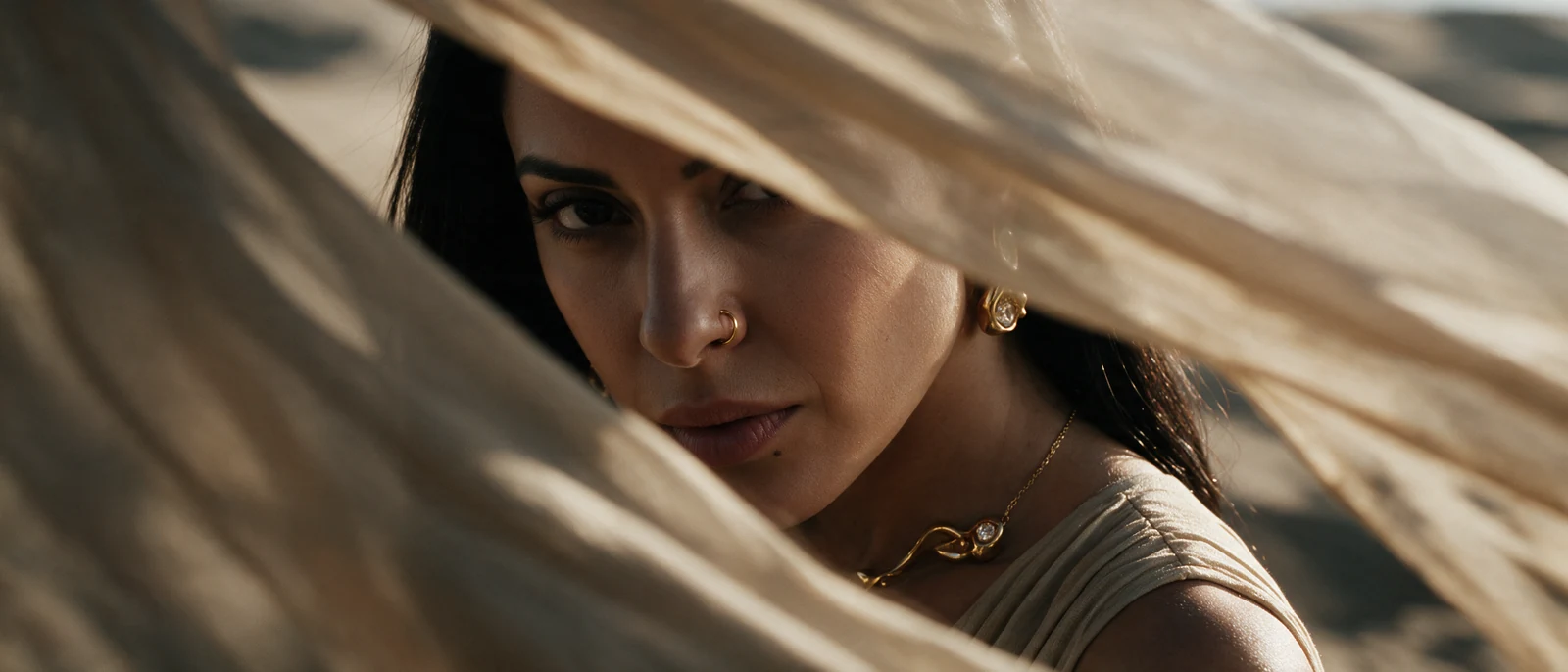 Her face seen through wind-blown fabric, a gold earring and necklace in the light.